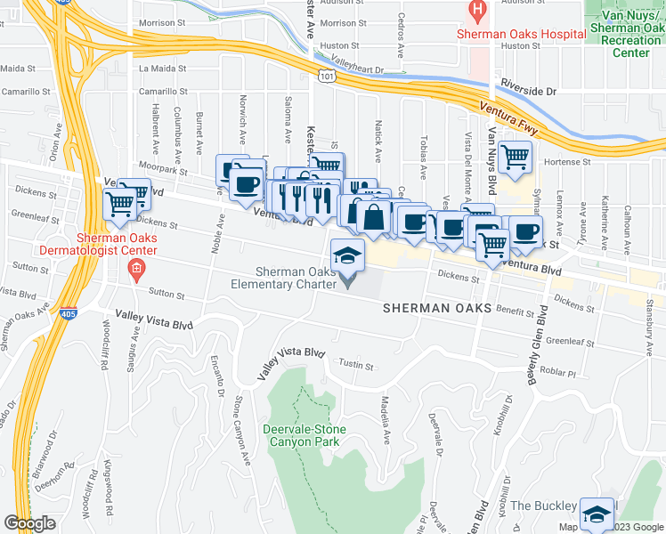 map of restaurants, bars, coffee shops, grocery stores, and more near 14830 Dickens Street in Los Angeles