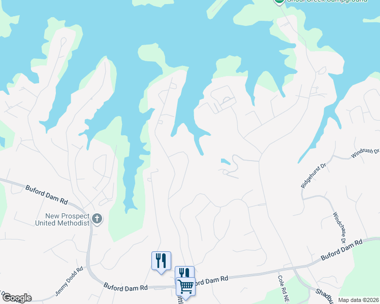 map of restaurants, bars, coffee shops, grocery stores, and more near 6006 Lanier Heights Circle in Buford