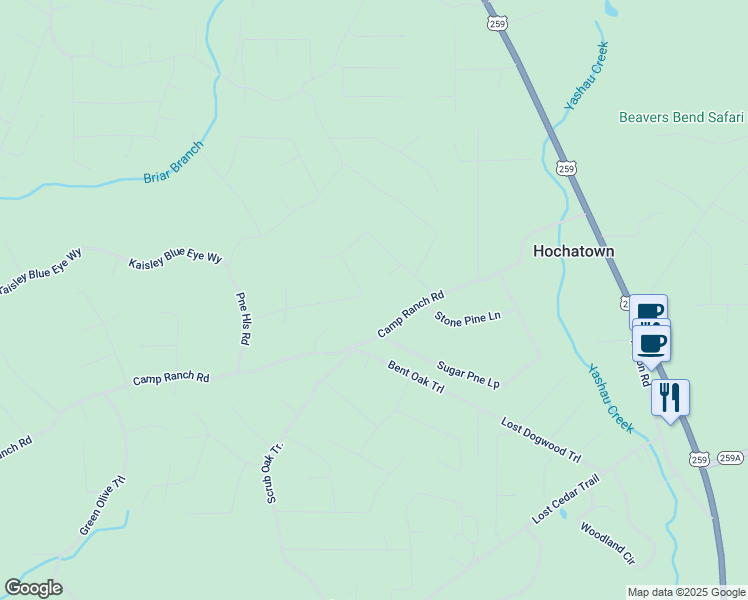 map of restaurants, bars, coffee shops, grocery stores, and more near 584 Camp Ranch Road in Broken Bow