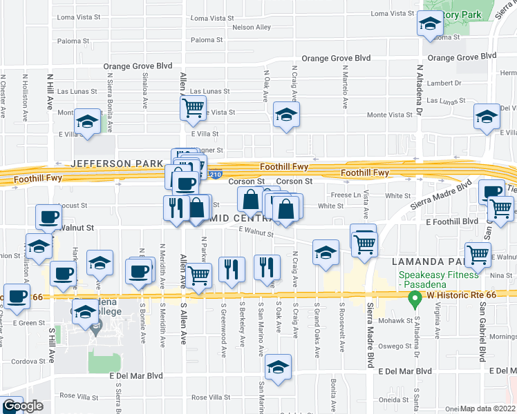 map of restaurants, bars, coffee shops, grocery stores, and more near 260 Linda Rosa Avenue in Pasadena