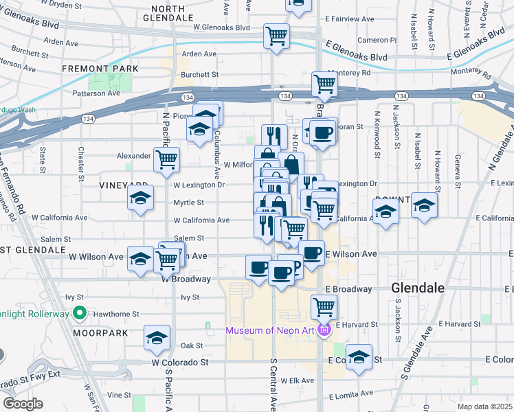 map of restaurants, bars, coffee shops, grocery stores, and more near 319 North Central Avenue in Glendale