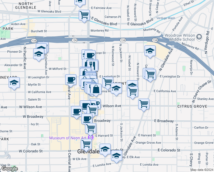 map of restaurants, bars, coffee shops, grocery stores, and more near 312 North Louise Street in Glendale