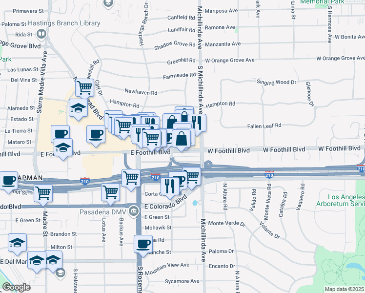 map of restaurants, bars, coffee shops, grocery stores, and more near 3807 East Foothill Boulevard in Pasadena