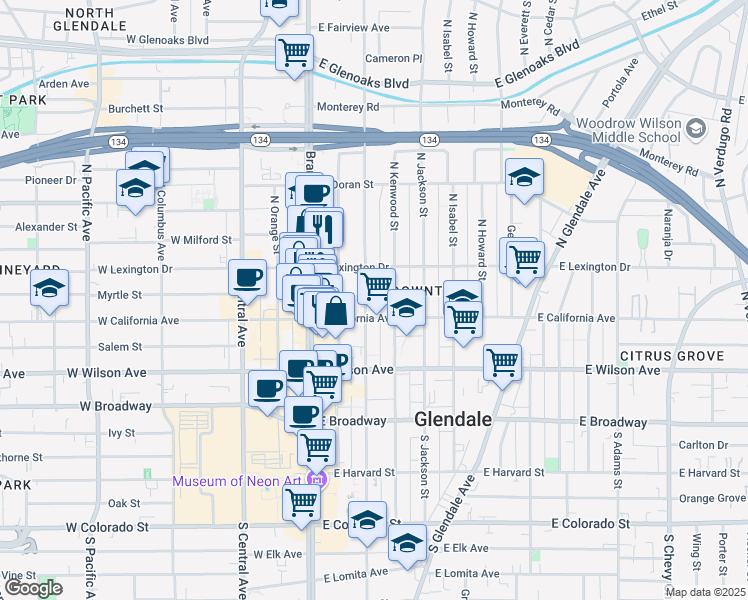 map of restaurants, bars, coffee shops, grocery stores, and more near 312 North Louise Street in Glendale
