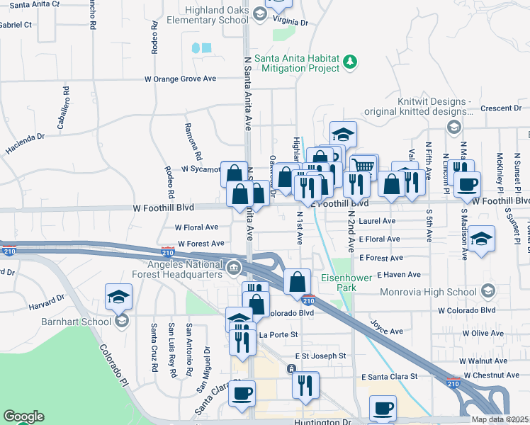 map of restaurants, bars, coffee shops, grocery stores, and more near 20 East Foothill Boulevard in Arcadia