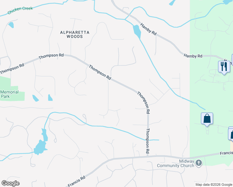 map of restaurants, bars, coffee shops, grocery stores, and more near 15795 South Thompson Road in Alpharetta