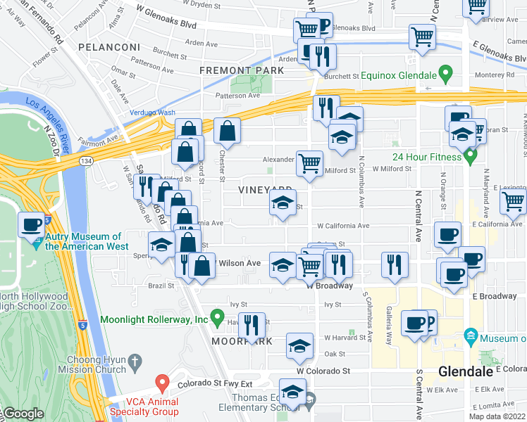 map of restaurants, bars, coffee shops, grocery stores, and more near 614 Myrtle Street in Glendale