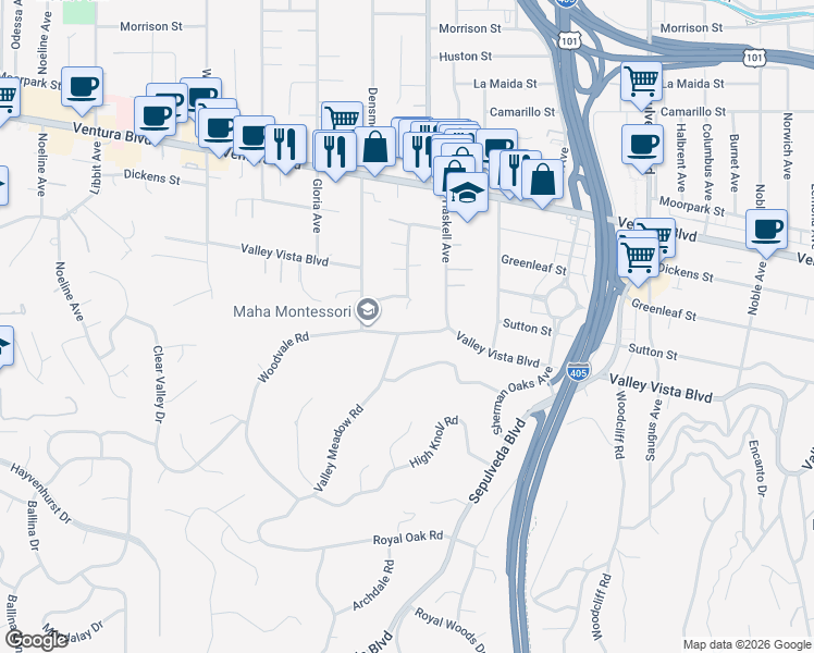 map of restaurants, bars, coffee shops, grocery stores, and more near 15645 Woodvale Road in Los Angeles