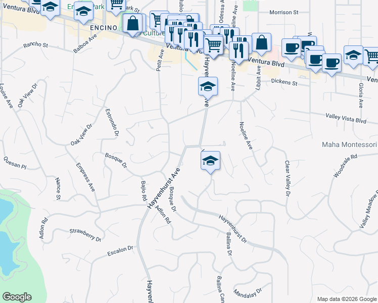 map of restaurants, bars, coffee shops, grocery stores, and more near 4380 Hayvenhurst Avenue in Los Angeles