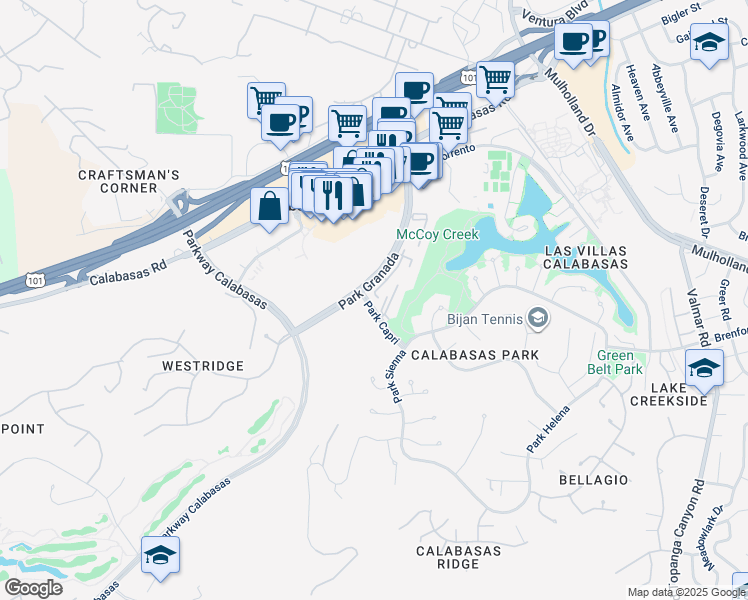 map of restaurants, bars, coffee shops, grocery stores, and more near 4606 Park Capri in Calabasas