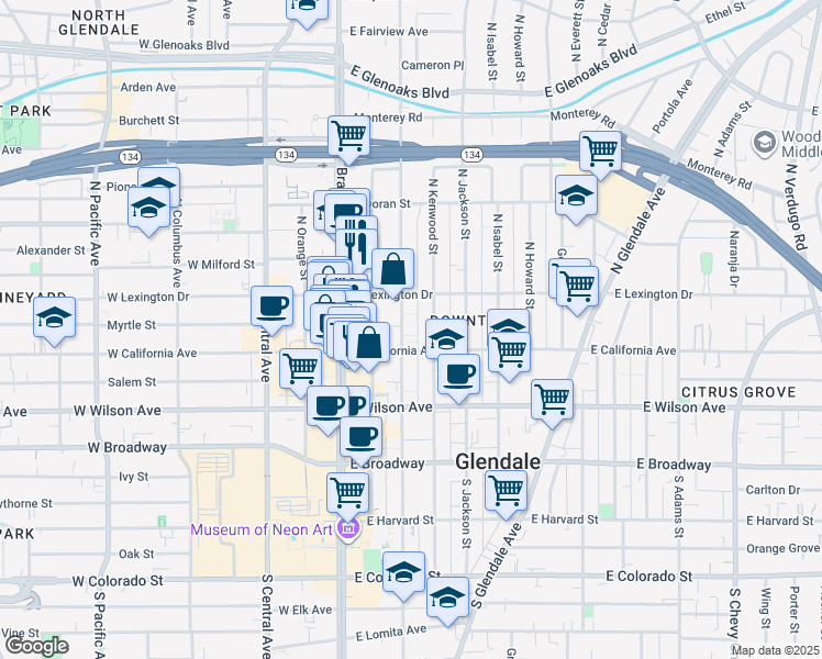 map of restaurants, bars, coffee shops, grocery stores, and more near 312 North Louise Street in Glendale