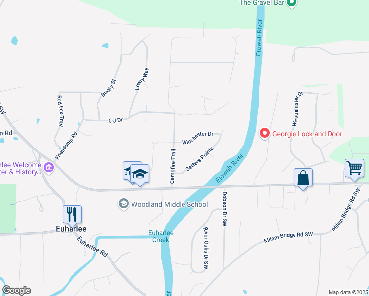 map of restaurants, bars, coffee shops, grocery stores, and more near 40 Winchester Drive in Euharlee