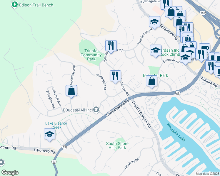 map of restaurants, bars, coffee shops, grocery stores, and more near 1975 Stonecroft Court in Westlake Village