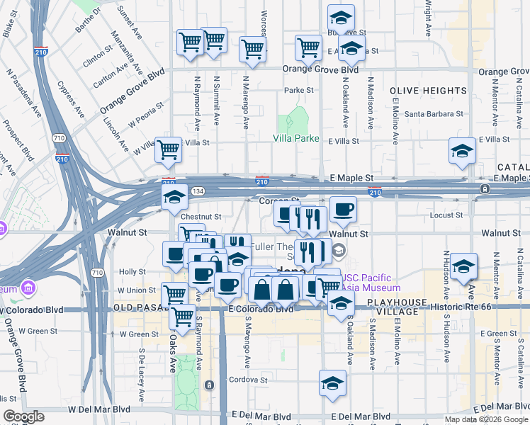 map of restaurants, bars, coffee shops, grocery stores, and more near 285 Garfield Avenue in Pasadena
