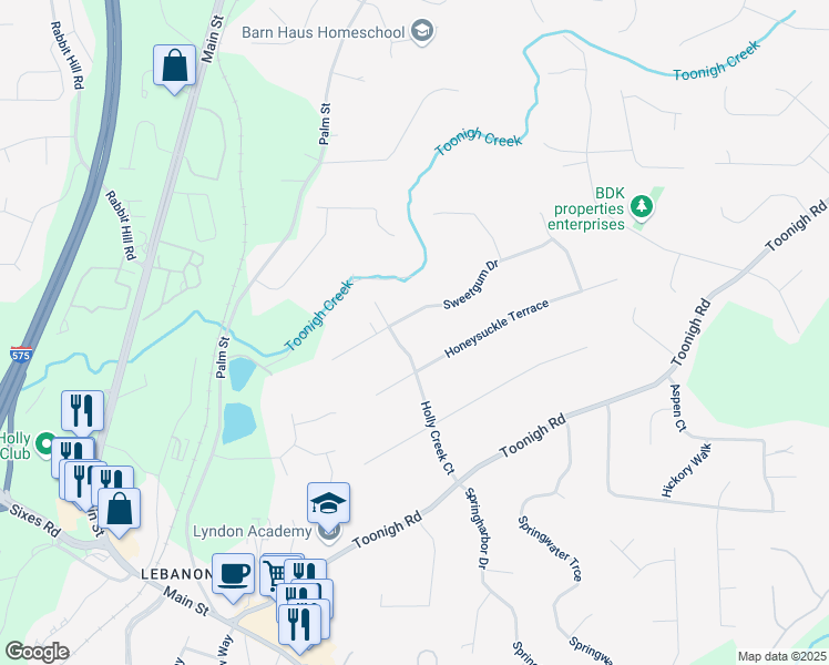 map of restaurants, bars, coffee shops, grocery stores, and more near 421 Sweetgum Drive in Woodstock