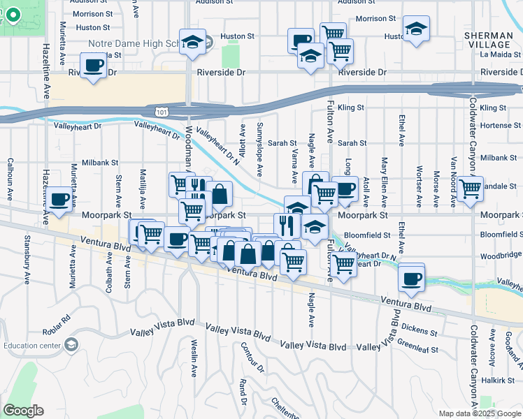 map of restaurants, bars, coffee shops, grocery stores, and more near 13443 Moorpark Street in Los Angeles
