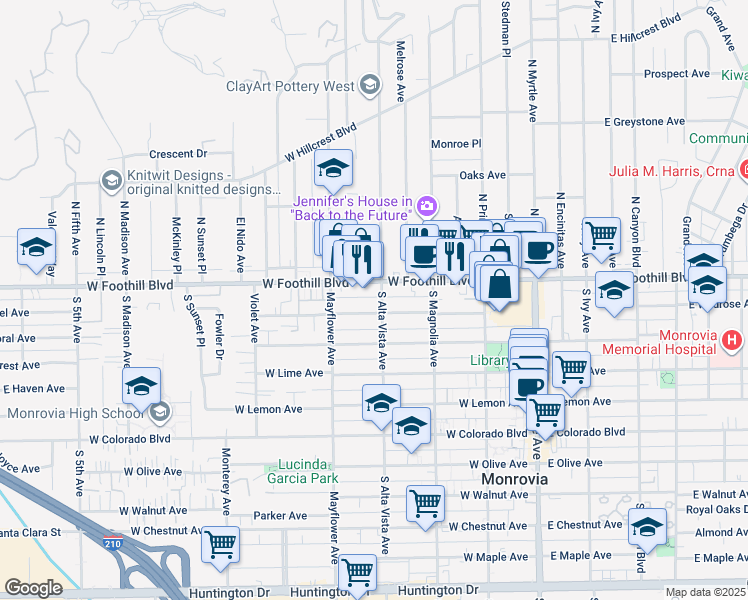 map of restaurants, bars, coffee shops, grocery stores, and more near 119 South Alta Vista Avenue in Monrovia