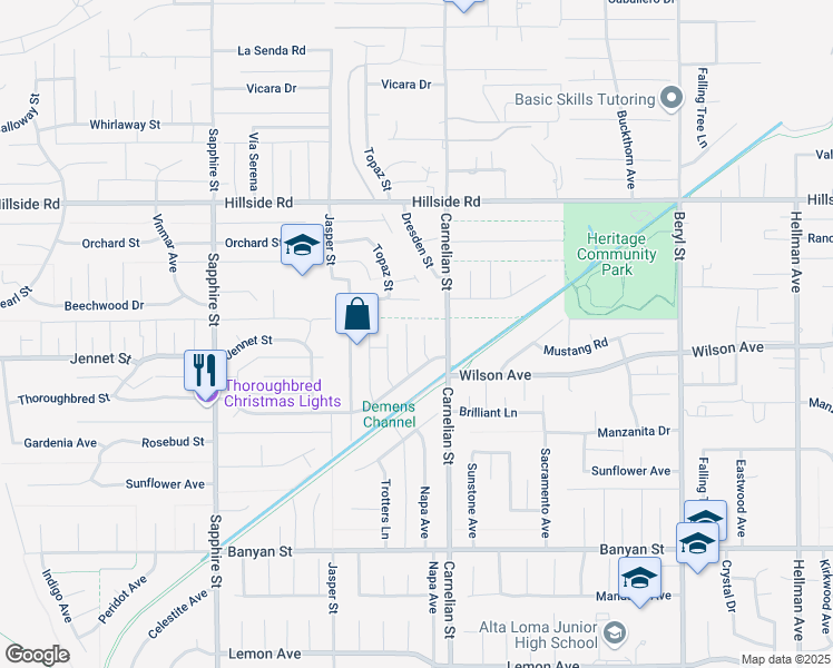 map of restaurants, bars, coffee shops, grocery stores, and more near 5726 Napa Court in Rancho Cucamonga