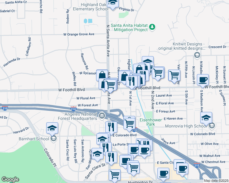 map of restaurants, bars, coffee shops, grocery stores, and more near 20 East Foothill Boulevard in Arcadia