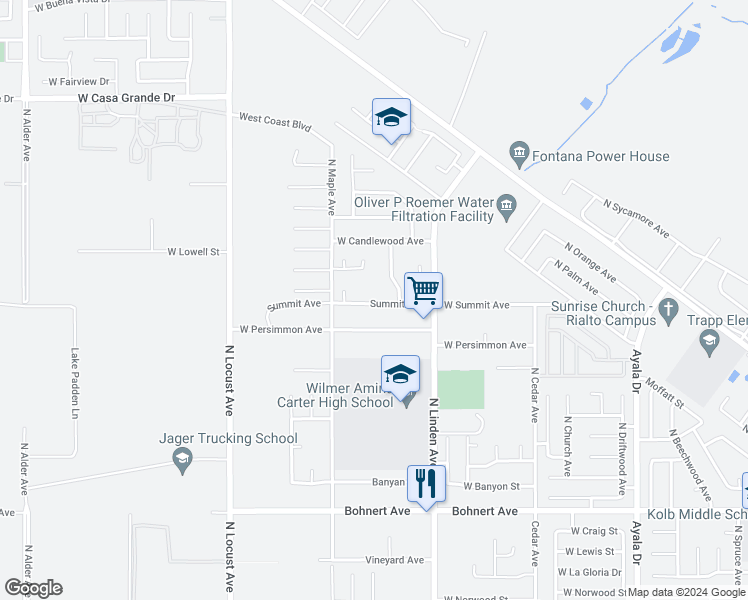 map of restaurants, bars, coffee shops, grocery stores, and more near 1620 Summit Avenue in Rialto