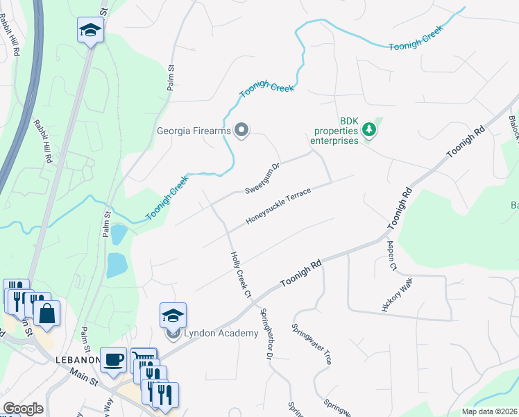map of restaurants, bars, coffee shops, grocery stores, and more near 315 Honeysuckle Terrace in Woodstock