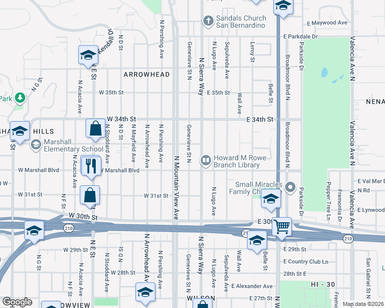 map of restaurants, bars, coffee shops, grocery stores, and more near 3263 Genevieve Street North in San Bernardino