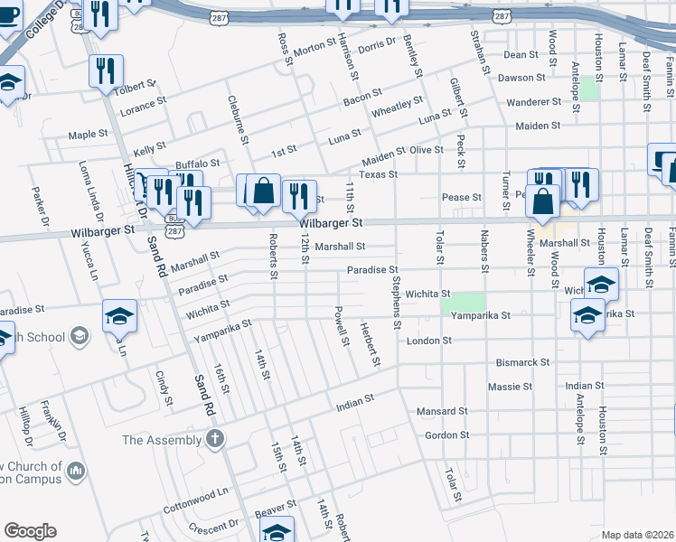 map of restaurants, bars, coffee shops, grocery stores, and more near 3401 Paradise Street in Vernon
