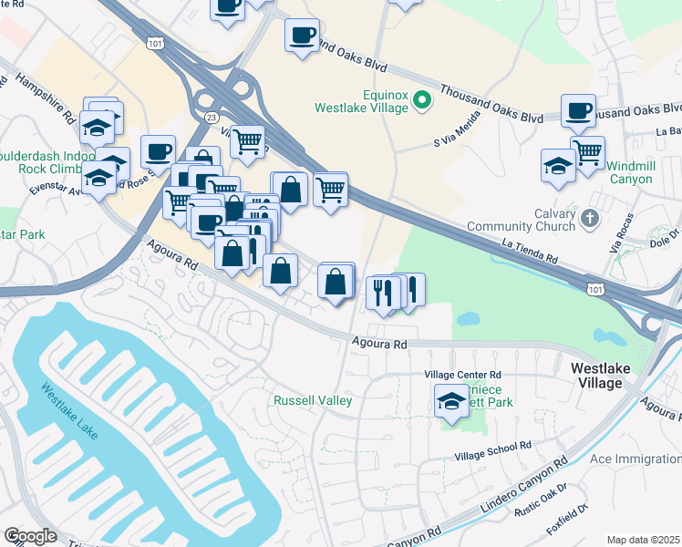 map of restaurants, bars, coffee shops, grocery stores, and more near 3095 Townsgate Road in Westlake Village