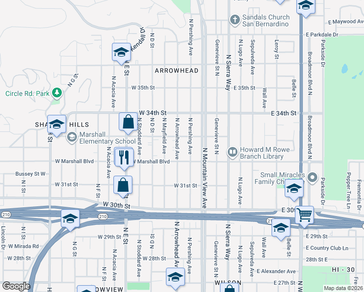 map of restaurants, bars, coffee shops, grocery stores, and more near 3263 North Arrowhead Avenue in San Bernardino