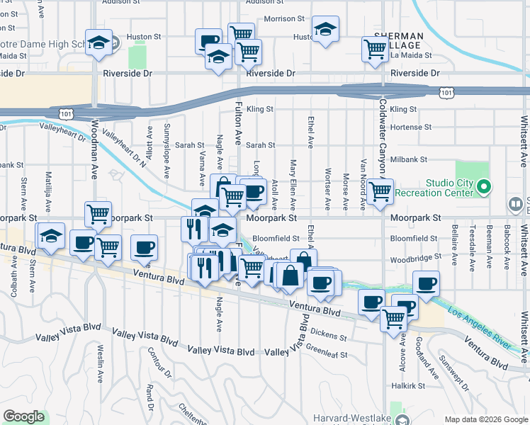 map of restaurants, bars, coffee shops, grocery stores, and more near 13215 Moorpark Street in Sherman Oaks