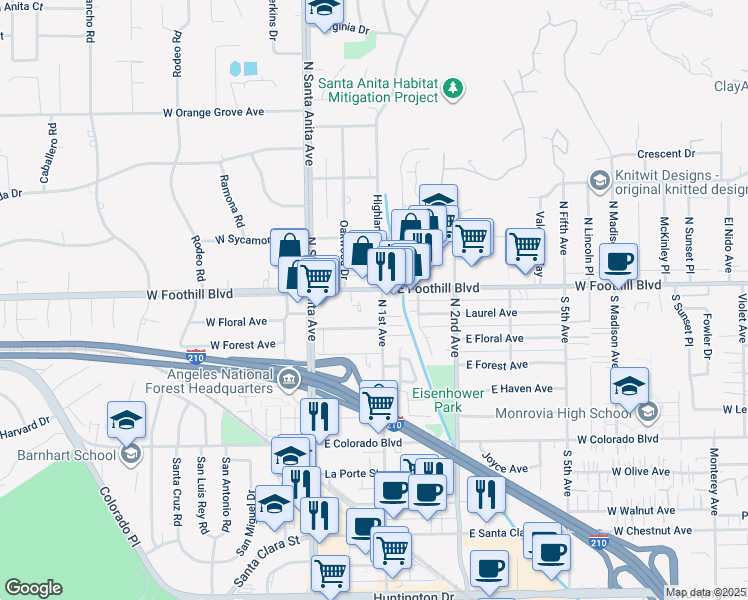 map of restaurants, bars, coffee shops, grocery stores, and more near 1015 North 1st Avenue in Arcadia