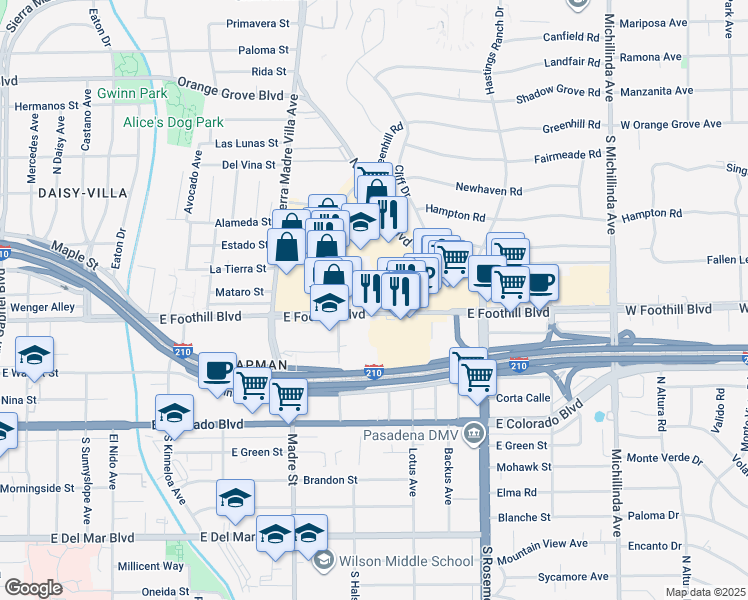 map of restaurants, bars, coffee shops, grocery stores, and more near 3475 East Foothill Boulevard in Pasadena
