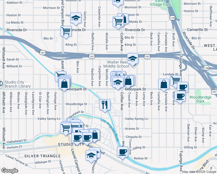 map of restaurants, bars, coffee shops, grocery stores, and more near 11755 Moorpark Street in Los Angeles