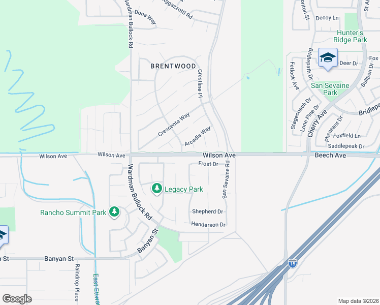 map of restaurants, bars, coffee shops, grocery stores, and more near 14072 Wilson Avenue in Rancho Cucamonga