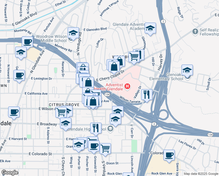 map of restaurants, bars, coffee shops, grocery stores, and more near 1477 East California Avenue in Glendale