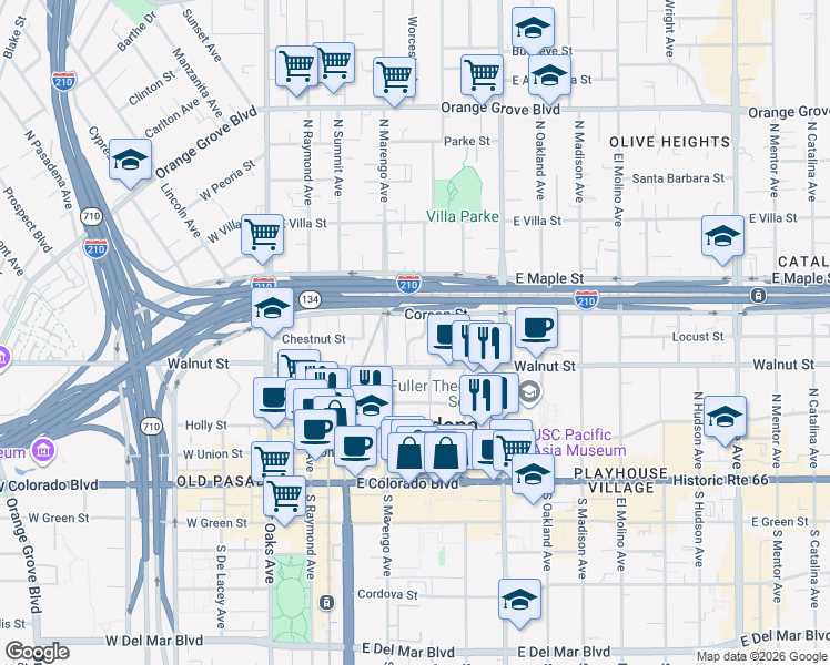 map of restaurants, bars, coffee shops, grocery stores, and more near 285 Garfield Avenue in Pasadena