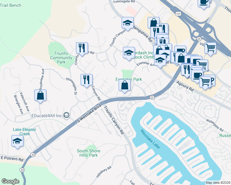 map of restaurants, bars, coffee shops, grocery stores, and more near 1097 Finrod Court in Westlake Village
