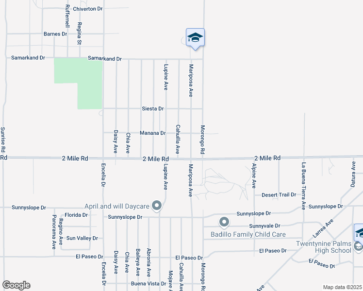 map of restaurants, bars, coffee shops, grocery stores, and more near 5645 Cahuilla Avenue in Twentynine Palms