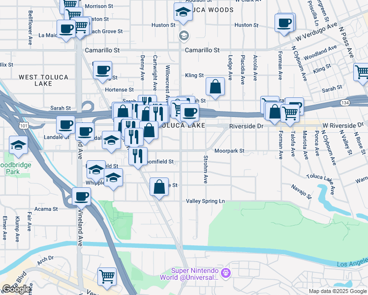 map of restaurants, bars, coffee shops, grocery stores, and more near 4402 Cahuenga Boulevard in Los Angeles