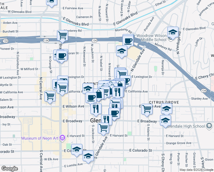 map of restaurants, bars, coffee shops, grocery stores, and more near 319 North Howard Street in Glendale