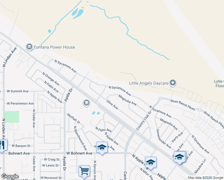 map of restaurants, bars, coffee shops, grocery stores, and more near 5642 North Sycamore Avenue in Rialto