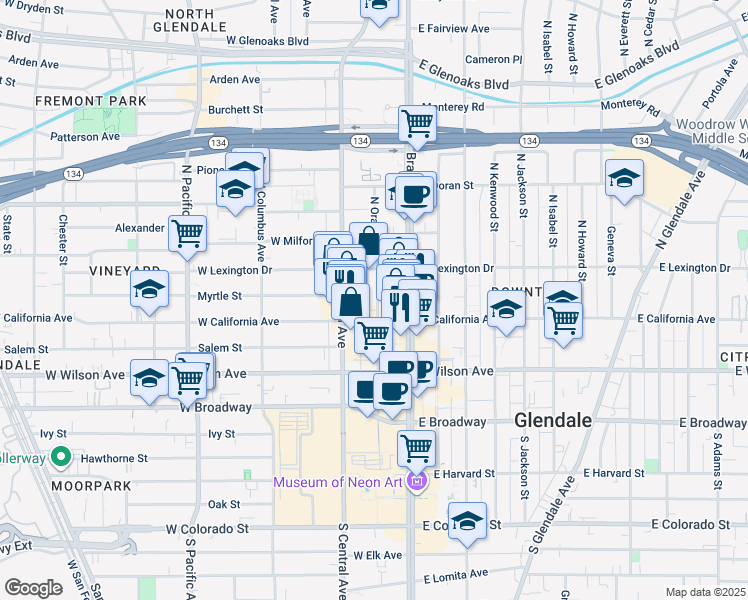map of restaurants, bars, coffee shops, grocery stores, and more near 321 North Orange Street in Glendale