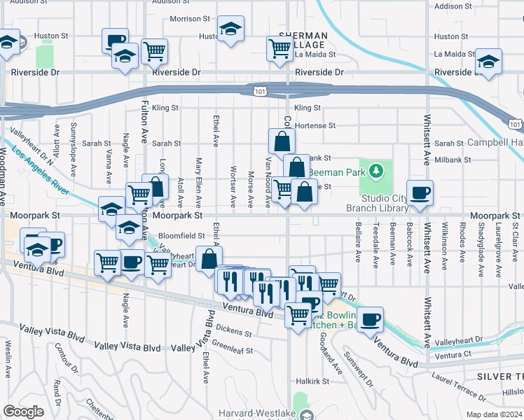 map of restaurants, bars, coffee shops, grocery stores, and more near 12945 Moorpark Street in Los Angeles