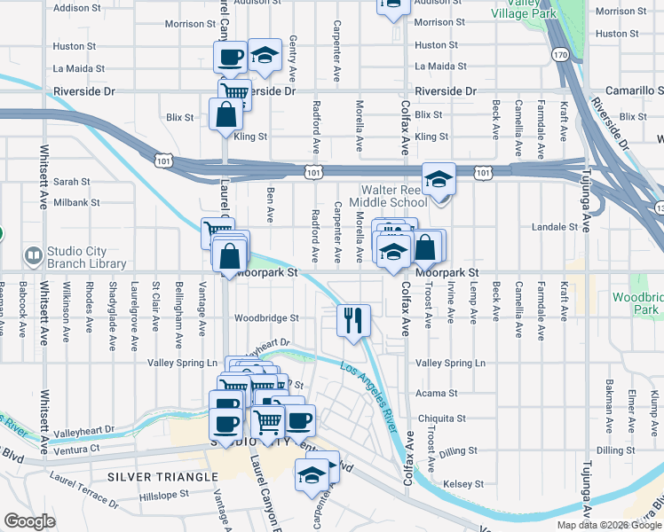 map of restaurants, bars, coffee shops, grocery stores, and more near 4405 Carpenter Avenue in Los Angeles