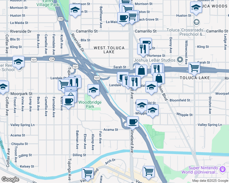 map of restaurants, bars, coffee shops, grocery stores, and more near 11113 Moorpark Street in Los Angeles