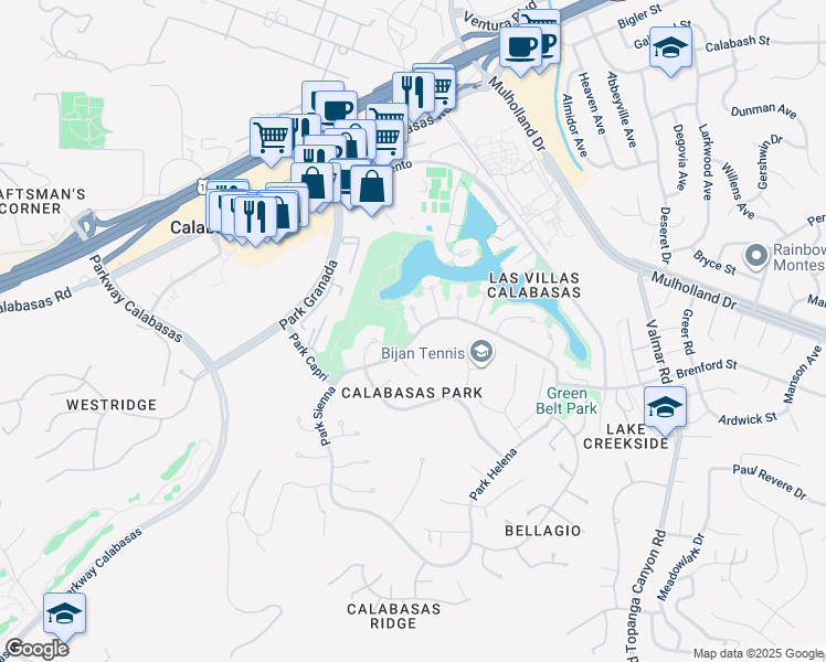map of restaurants, bars, coffee shops, grocery stores, and more near 4501 Park Serena in Calabasas