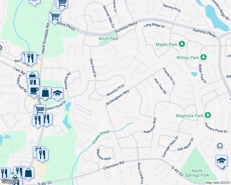 map of restaurants, bars, coffee shops, grocery stores, and more near 1315 Waverly Place Lane in Columbia