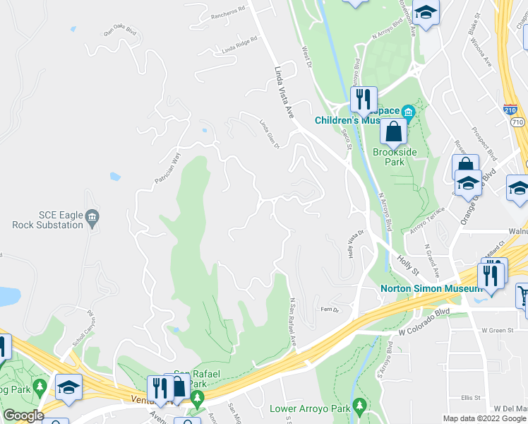 map of restaurants, bars, coffee shops, grocery stores, and more near 410 Manford Way in Pasadena