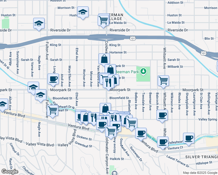 map of restaurants, bars, coffee shops, grocery stores, and more near 12851 Moorpark Street in Los Angeles