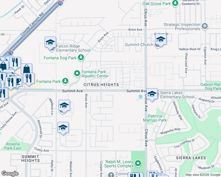 map of restaurants, bars, coffee shops, grocery stores, and more near 15865 Nuaimi Lane in Fontana